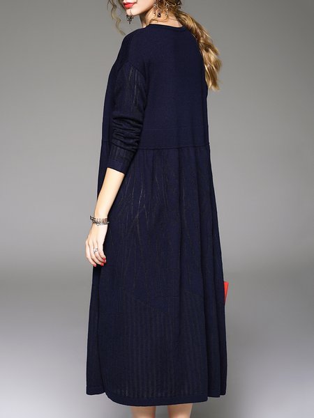 Navy Blue Wool Long Sleeve Sweater Dress - StyleWe.com
